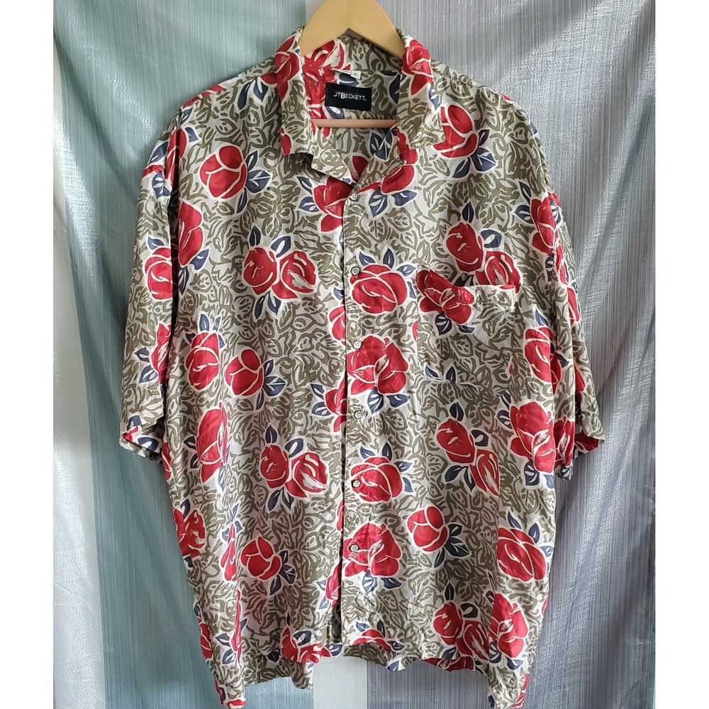 JT Beckett Mens XL Silk Hawaiian Shirt Red Rose Floral Short Sleeve Vacation‎